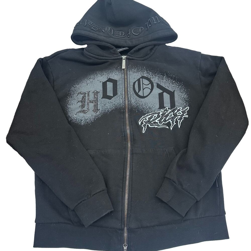Hoodrich Iron Oversized Full-Zip Hoodie Black Grey Rhinestone Men's Size Medium